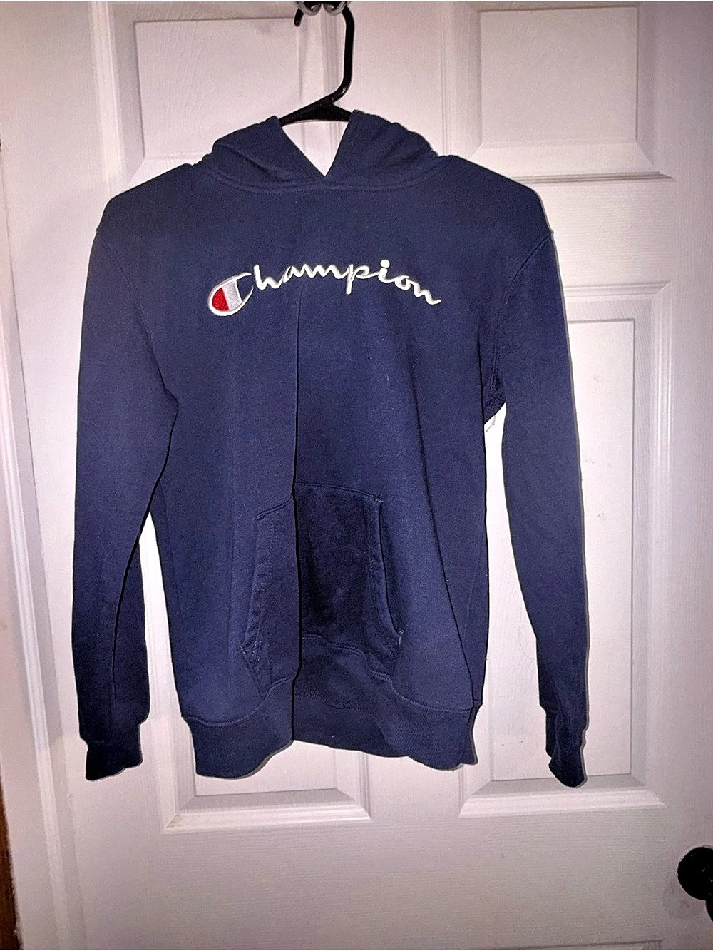 Champion Youth Script Logo Fleece Pullover Hoodie Blue Large (14/16)